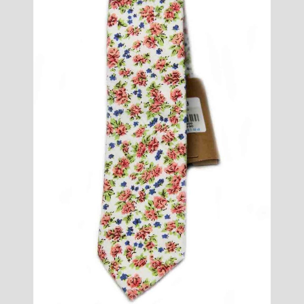 Cedar Wood State Narrow Floral Cotton Tie Coral Pink Blue Green Brown Men's